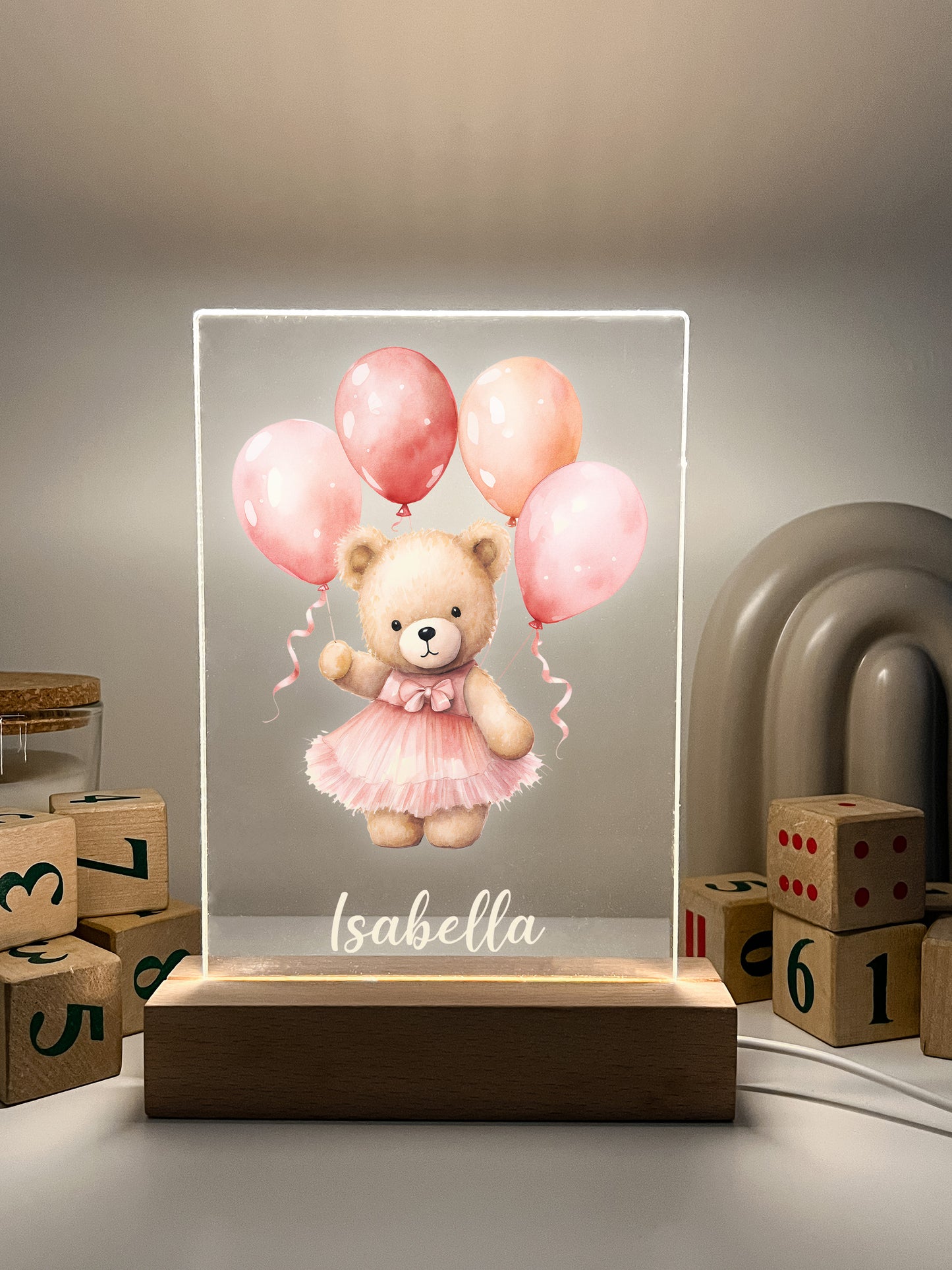 Personalized Cute Baby Pink Bear with Balloons Night LED Lamp For Kids Room, Cute Baby Gift, Custom Girls Boys Night Light, Nursery Decor, Night Light Gift, not arched