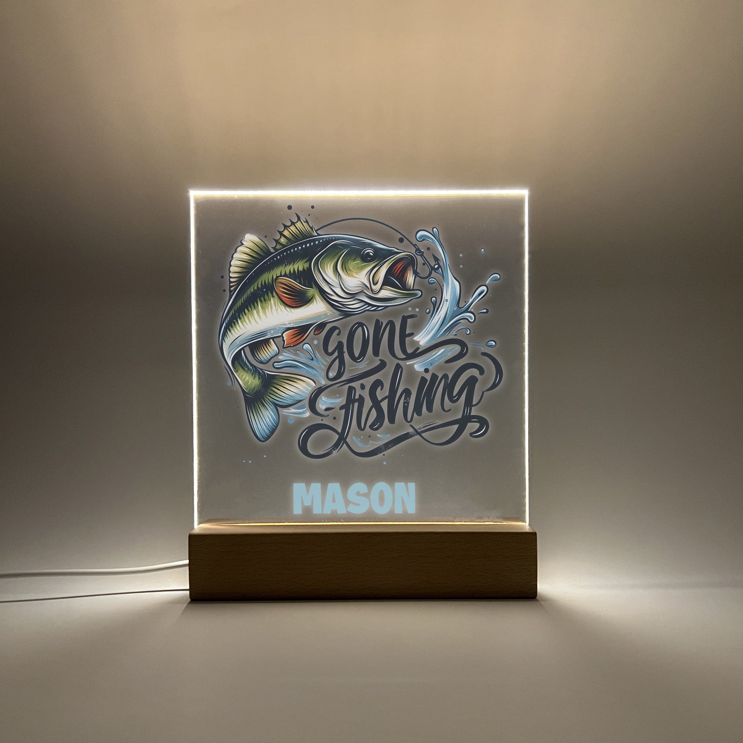 Gone Fishing Night Light Up Desk Table Wooden Stand Room Decor Fish Frame, LED Night Lamp, Engraved Gift, Fishin' Theme, Personalized Free!