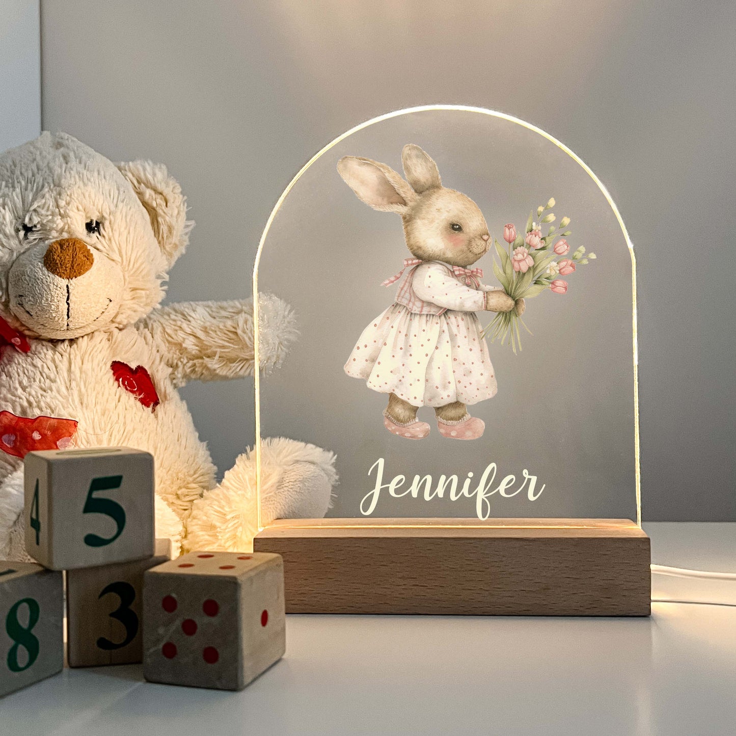 Too Cute To Resist Bunny Rabbit Night Light Up Table Lamp Wood Base LED Personalized Kids Childs Room Gift, Bedroom Decor, Girls Night Light