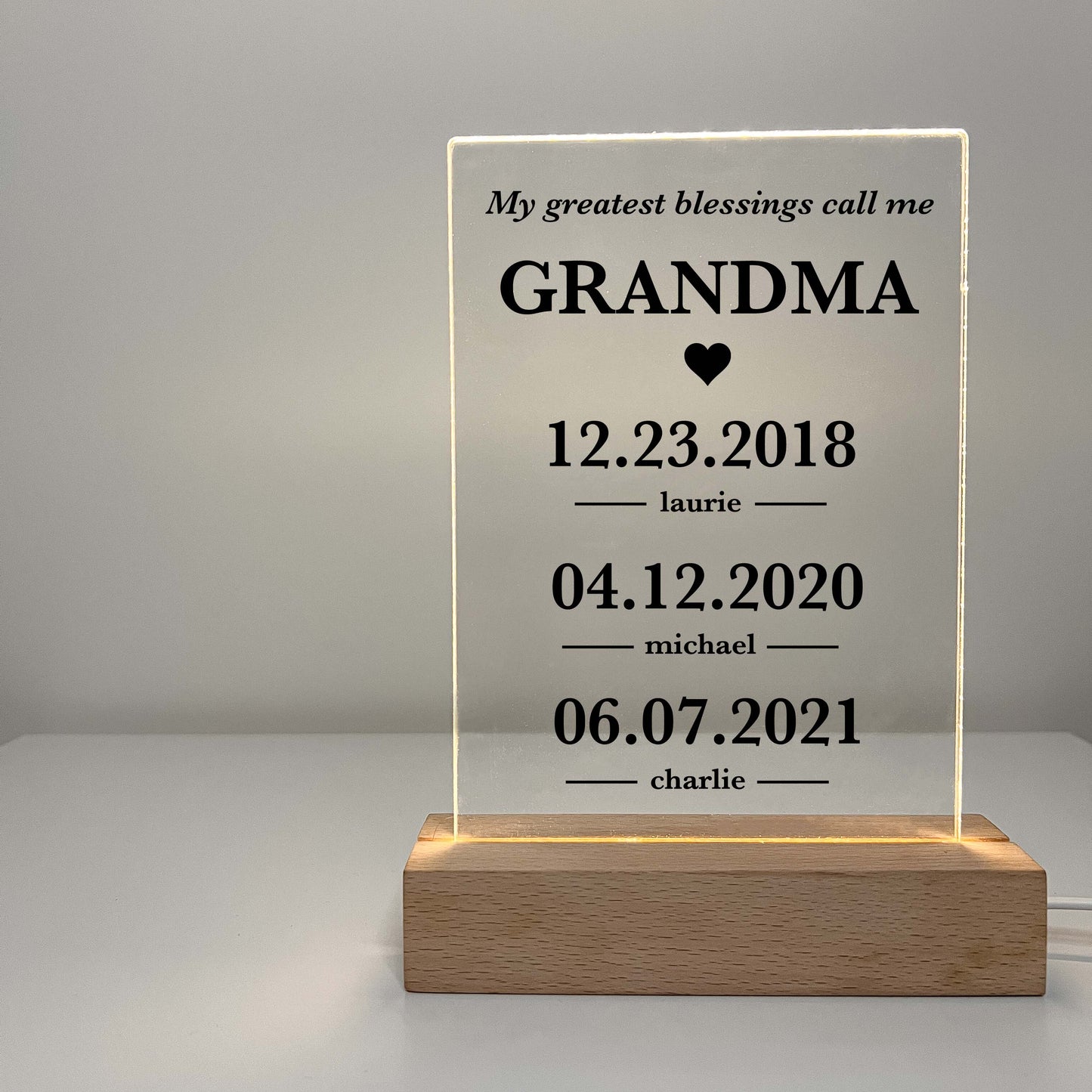 Custom Frame Personalized LED Night Lamp with Wooden Base, Gifts for Her, Dates, My Greatest Blessings Call Me Mom, Mommy Best Mother Day Gift With Children's Name & DOB