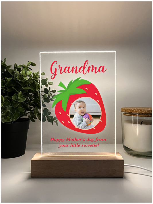 Photo Picture LED Wood Stand Strawberry Night Light Up Table Lamp Mom, Mommy, Mother's Day With Your Love Message Personalized Gift
