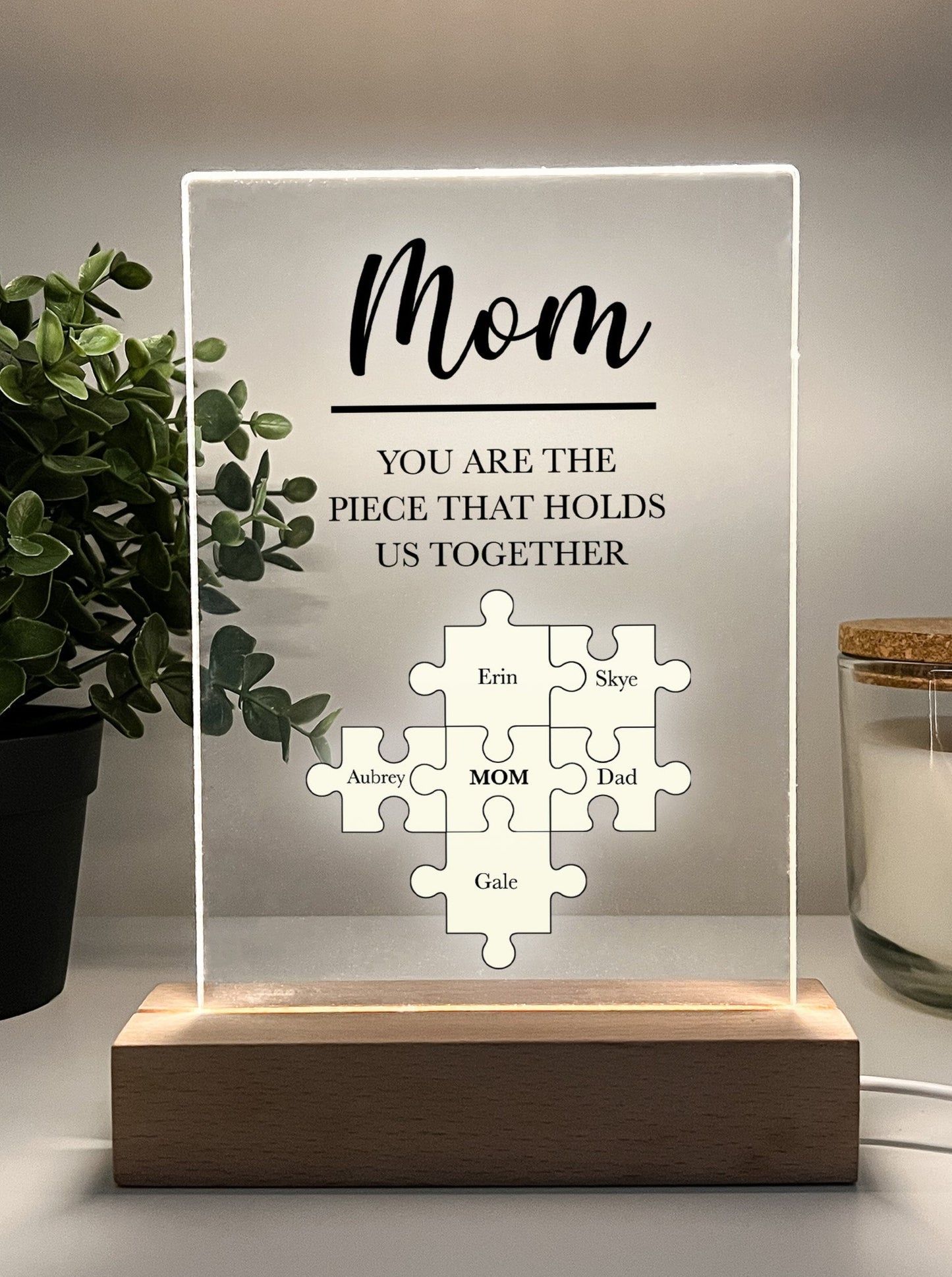 Personalized Custom LED Wood Stand Night Light Up Lamp Gifts For Mom Puzzle Piece You are the piece that holds us together & Children's Name