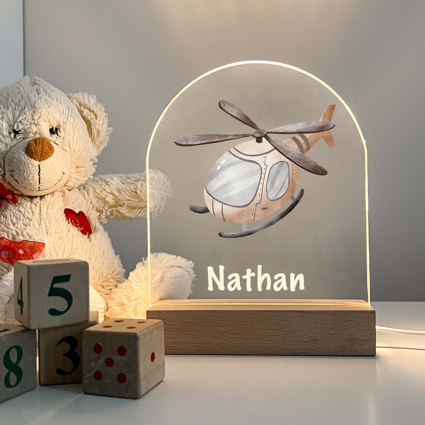 Helicopter LED Lamp with Wooden Base, Friends Night LED Lamp For Kids Room, Baby Gift, Girls Boys Night Light, Bedroom Decor, Night Light Gift