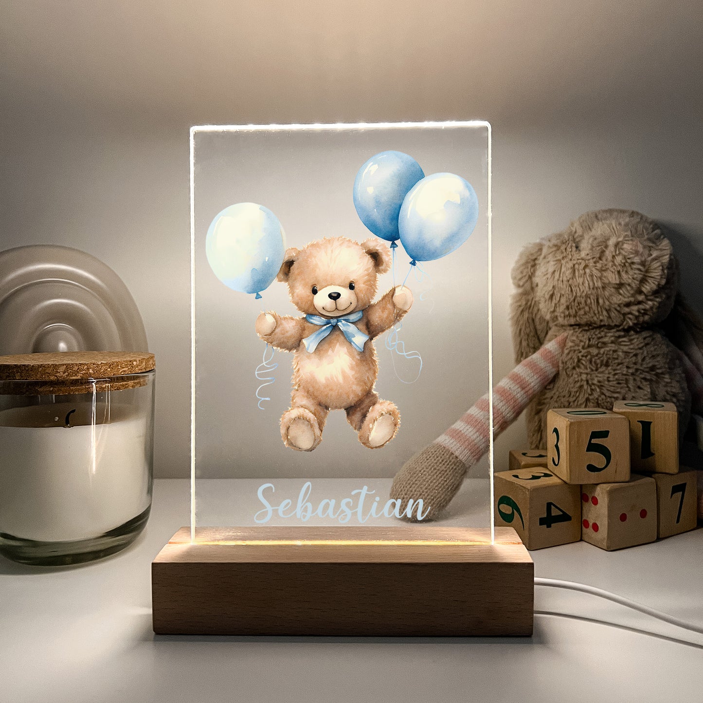 Personalized Cute Baby Blue Bear with Balloons Night LED Lamp For Kids Room, Cute Baby Gift, Custom Girls Boys Night Light, Nursery Decor, Night Light Gift, not arched