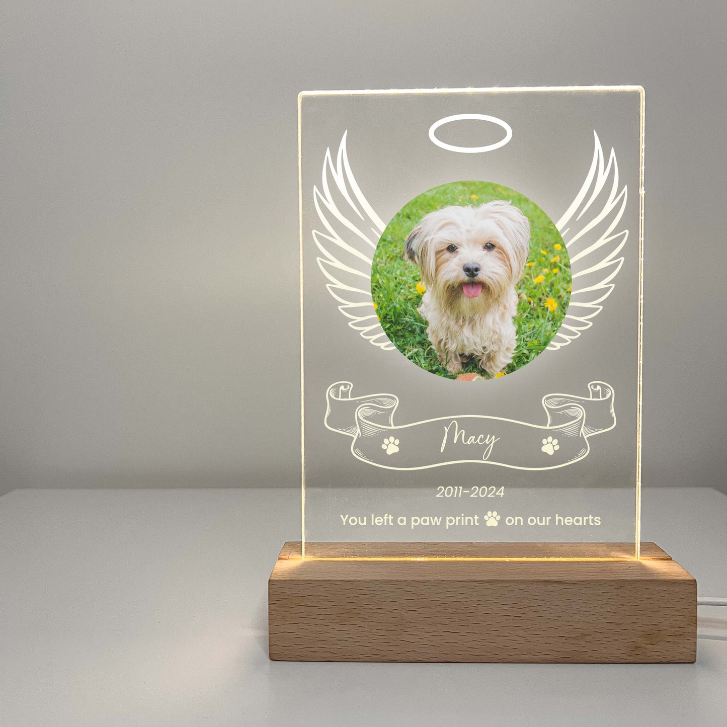 Pet Memorial Angel Wings Night Light with Wooden Base, Custom Pet Plaque, Pet Night Light, Custom Pet Photo, Pet Memorial Frame, Gifts for Pets, Cat Dog Loss Gift