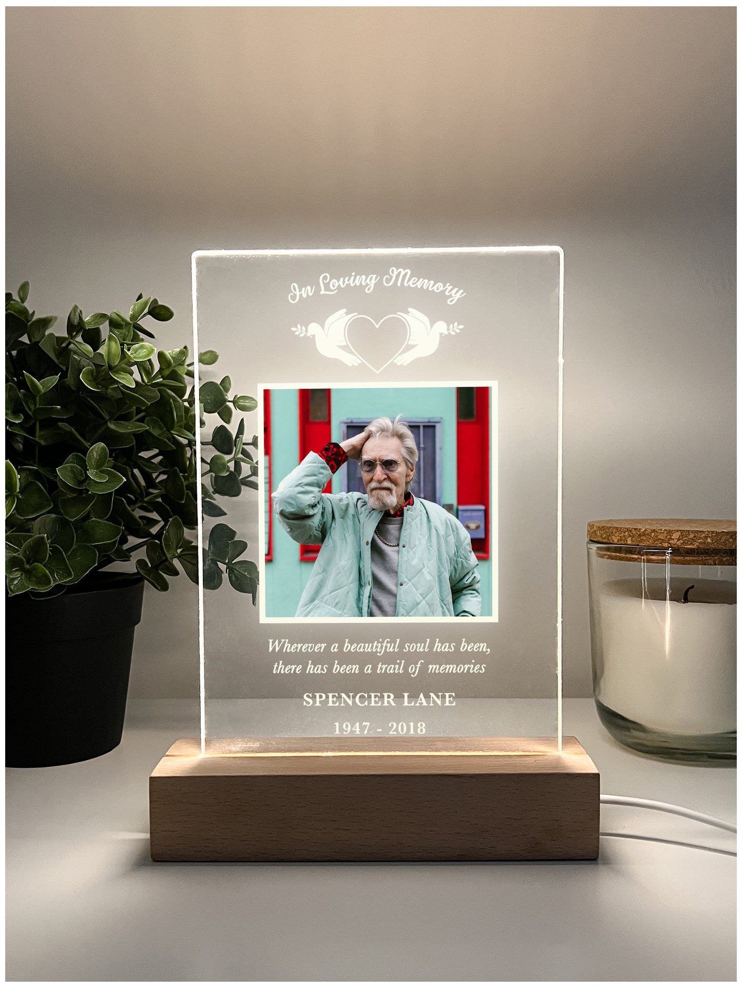 Personalized Unique Sympathy Gifts with Wooden Stand, For Loss Custom In Loving Memory Loved One Light Up Picture Frame Photo & Text Memorial Plaque Night Lamp