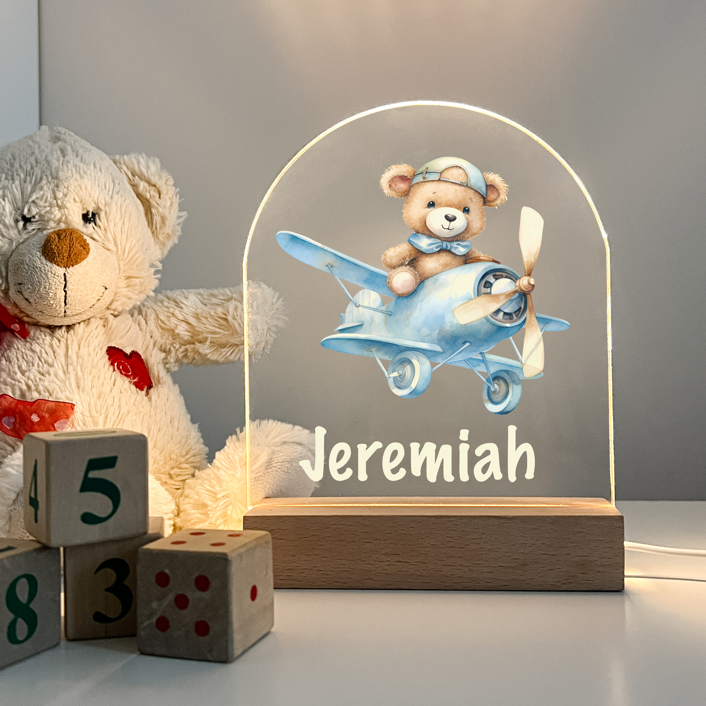 Personalized Cute Baby Bear with Airplane Night LED Lamp For Kids Room, Cute Baby Gift, Custom Girls Boys Night Light, Nursery Decor, Night Light Gift