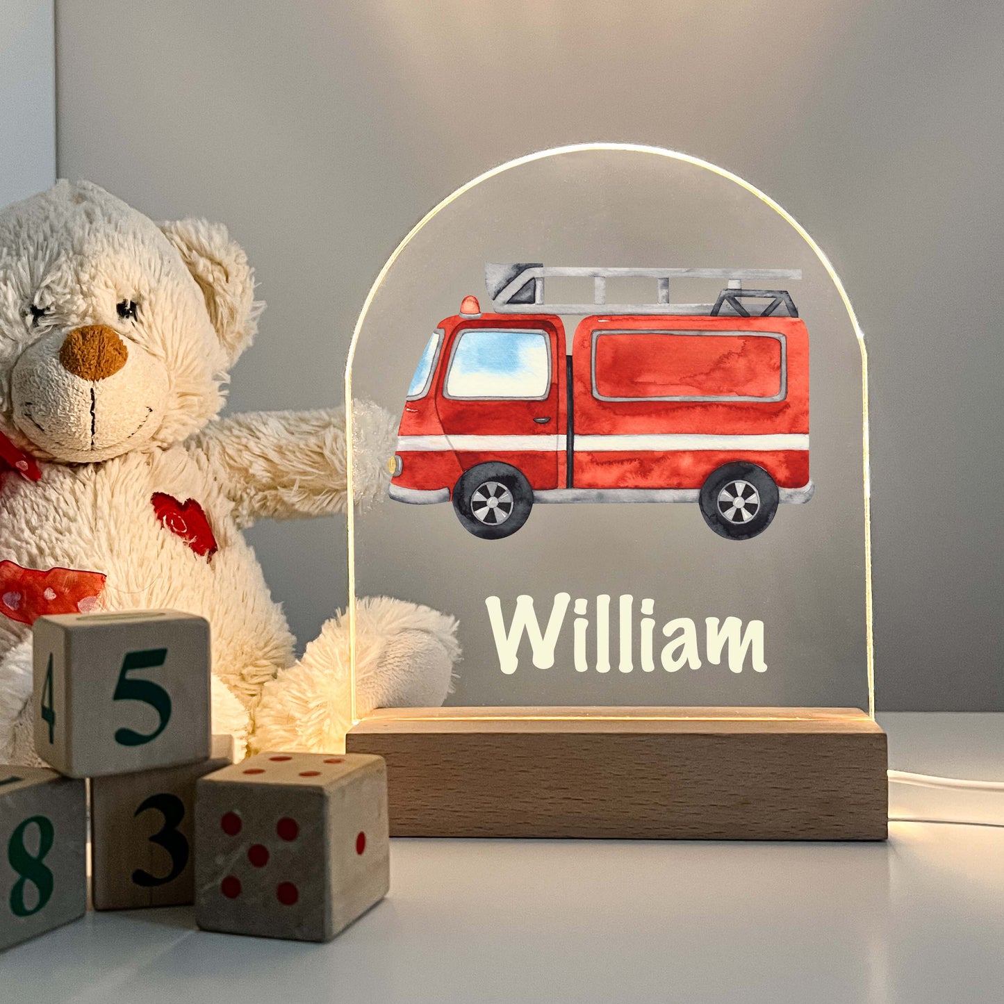 Personalized Custom Fire Engine Truck Firefighter Night Light Up LED Lamp For Kids Room, Nursery Gift, Bedroom Decor, Boys Night Light