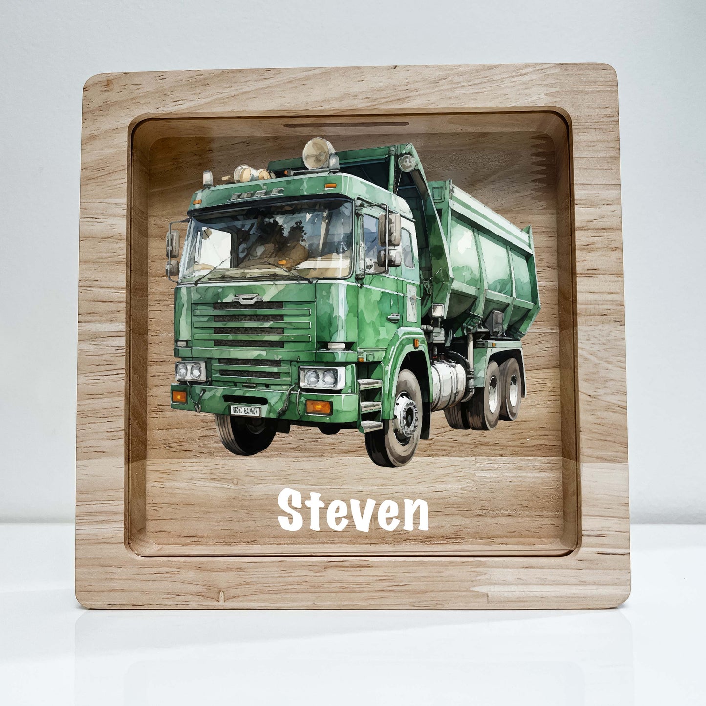 Personalized Savings Piggy Bank Boy Custom Name Money Box Sanitation Garbage Trash Truck Dumping Trailer Heavy Duty Equipment Themed Gift