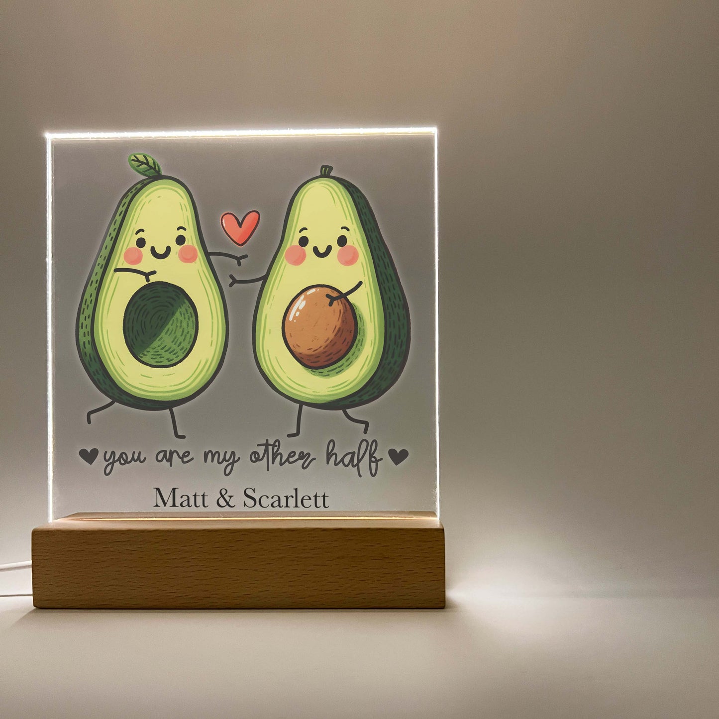 Personalized You Are My Other Half Avocado Desk Stand Light Up LED Lamp with Wooden Base, Valentines Gift, Couples Gift, Gift for her, Anniversary Gift