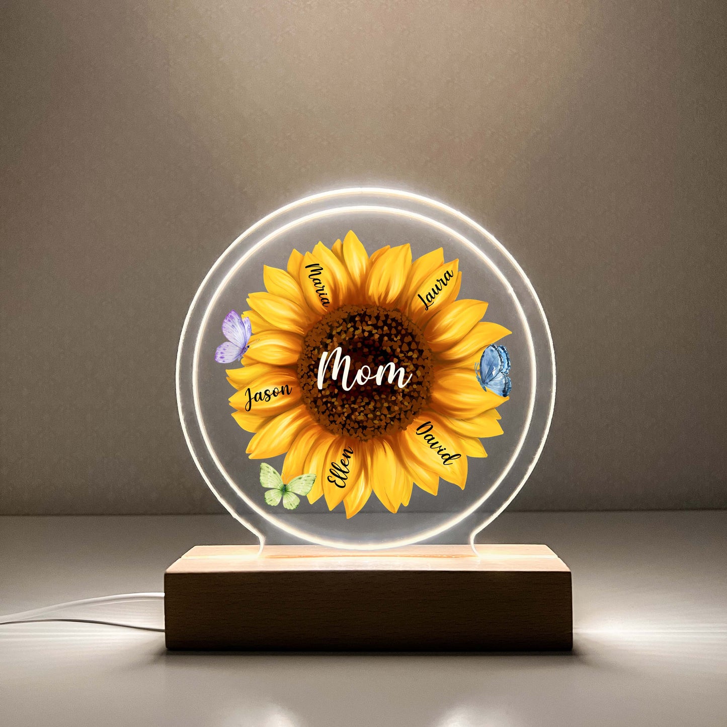 LED lamp with Wooden Stand Personalized Sunflower Blossom Night Light Up Lamp for Mom, Mommy Mama & Grandma Nana Mema - Children's Name on Pedals