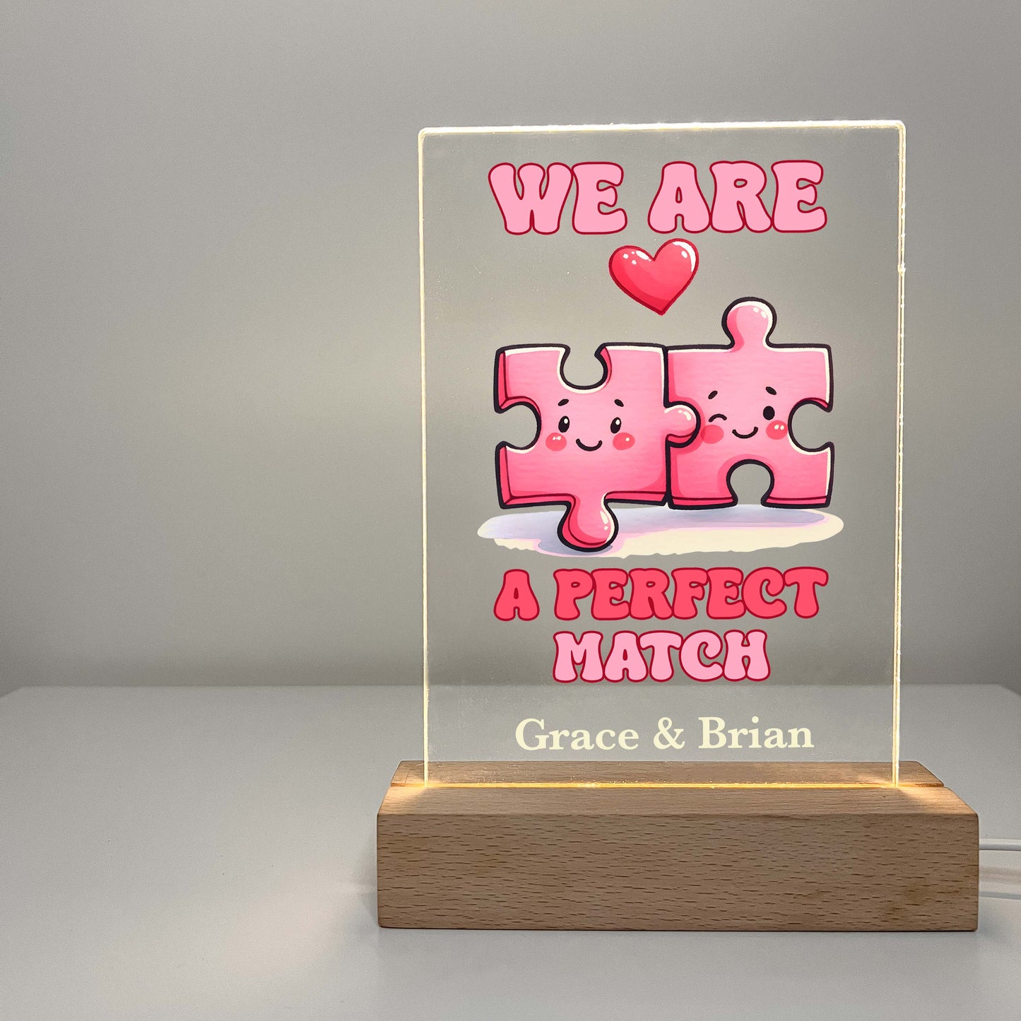 Personalized Love Puzzle Piece Perfect Match Desk Stand Light Up LED Lamp with Wooden Base, Valentines Gift, Couples gift, Gift for her, Anniversary Gift