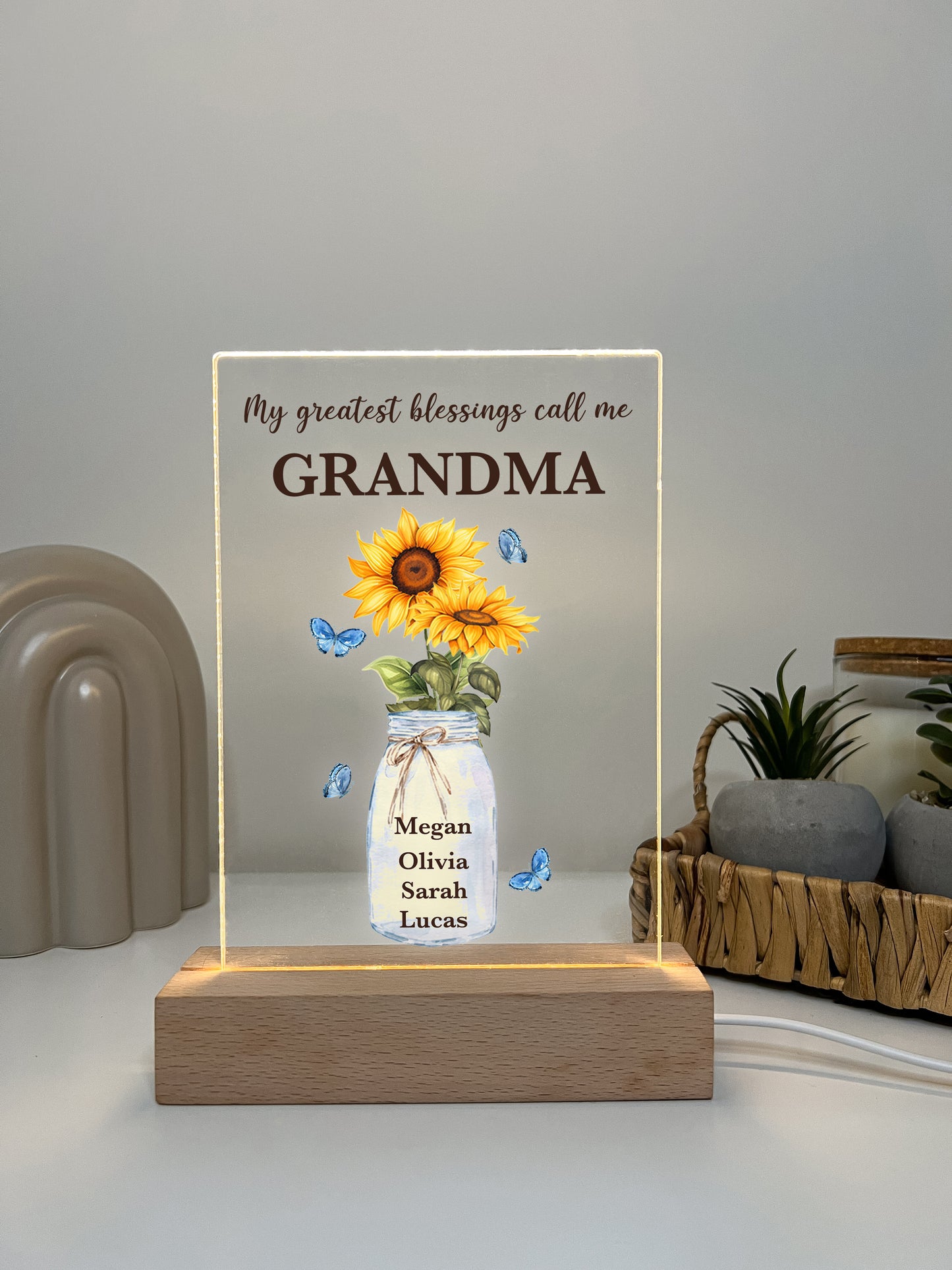 Custom LED Wood Stand Sunflower Personalized Gift Night Light Up Lamp My Greatest Blessings Call Me Mom, Mommy, Mother, & Children's Names