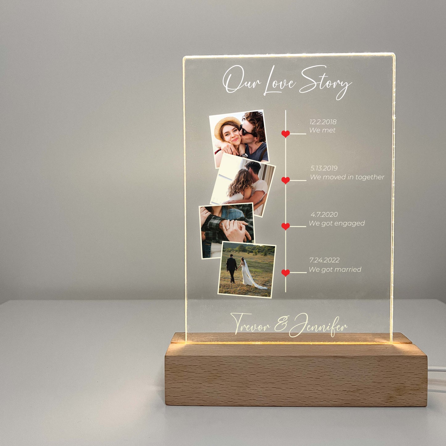 Our Love Story Personalized Photo Stand Light LED Lamp with Wooden Base