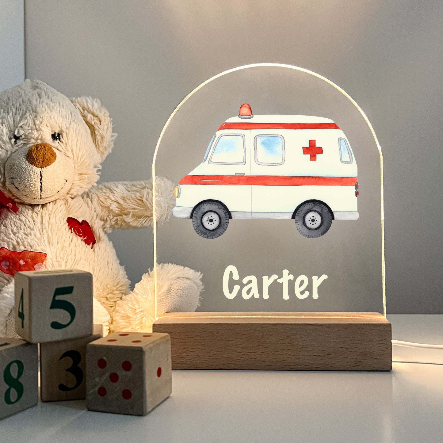 Personalized FREE Custom Ambulance Emergency Services Truck Night Light Up LED Lamp Kids Room, Nursery Gift, Bedroom Decor, Boys Night Light