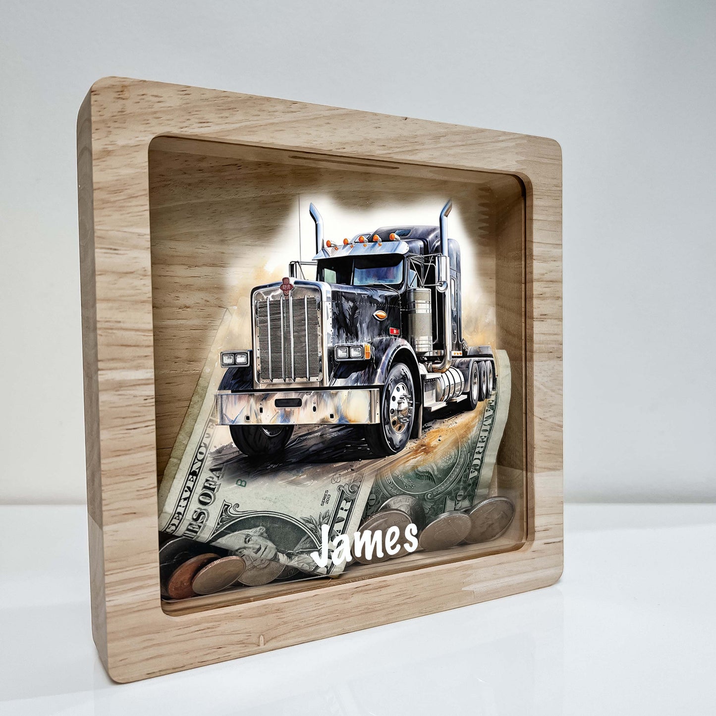 Personalized Savings Piggy Bank for Boys Custom Name Money Box Semi Tractor Trailer 18 Wheeler Truck Heavy Equipment Themed Toddler Boy Gift