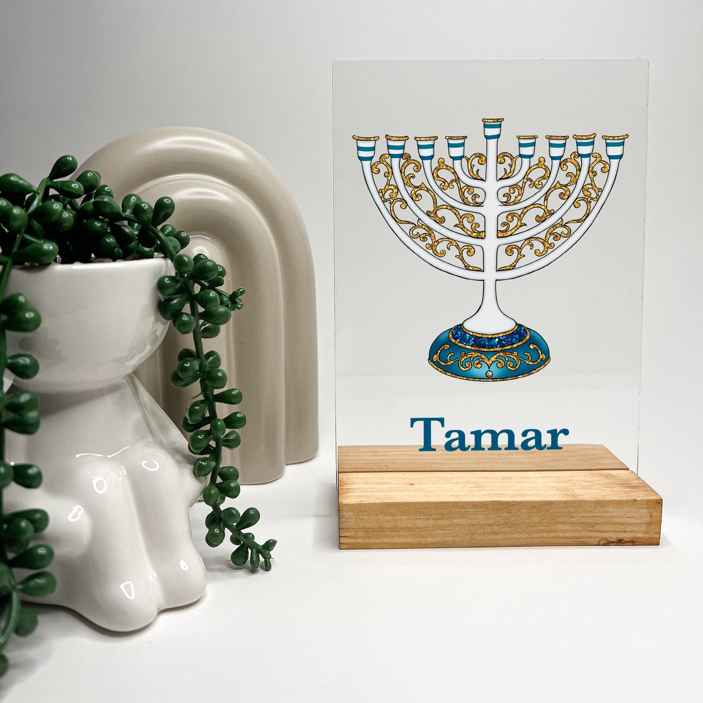 Personalized Menorah Judaica Wood Base Desk Table Stand