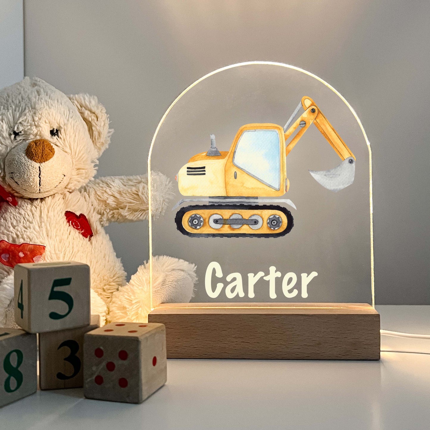 Custom Personalized LED Wood Stand Night Light Up Table Lamp Boys Room Decor Construction Excavator Bucket Truck Heavy Equipment Themed Gift