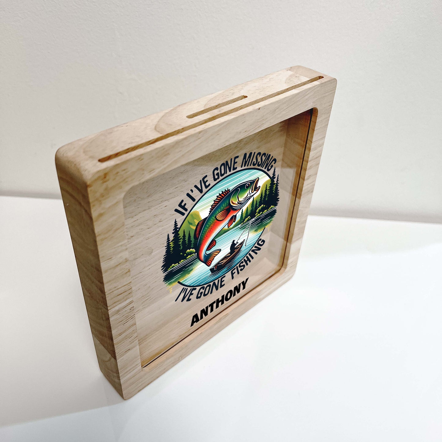 Personalized Savings Piggy Bank for Boys Custom Name Money Box Catching Fish Gone Fishing Cute Fishing Themed Nursery Toddler Boys Room Gift Fish Lover