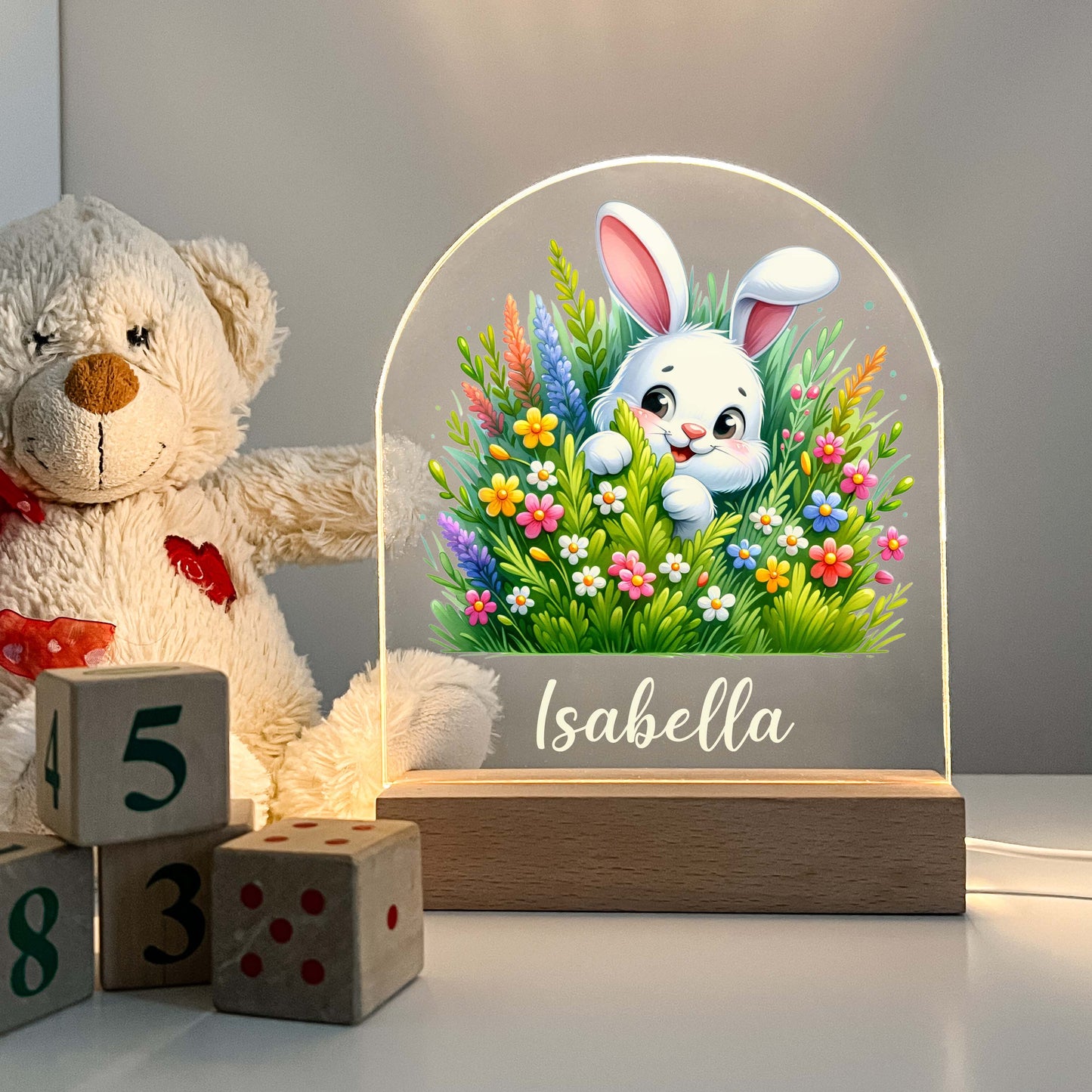 Too Cute To Resist Bunny Rabbit Night Light Up Table Lamp Wood Base LED Personalized Kids Childs Room Gift, Bedroom Decor, Boys Night Light