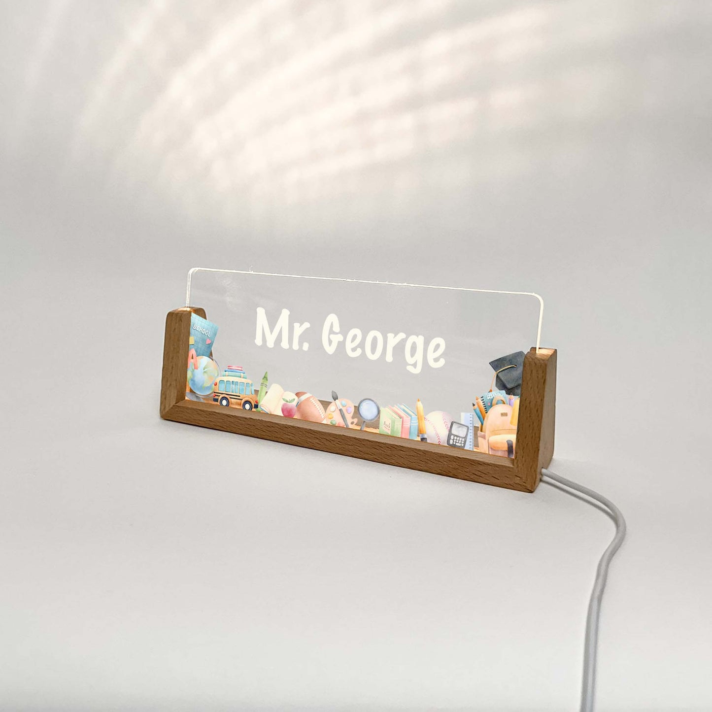 Personalized Teacher School Classroom Desk Name Plate With Wooden Base, Lighted LED Light Nameplate, Desk Accessories, Teacher Gifts