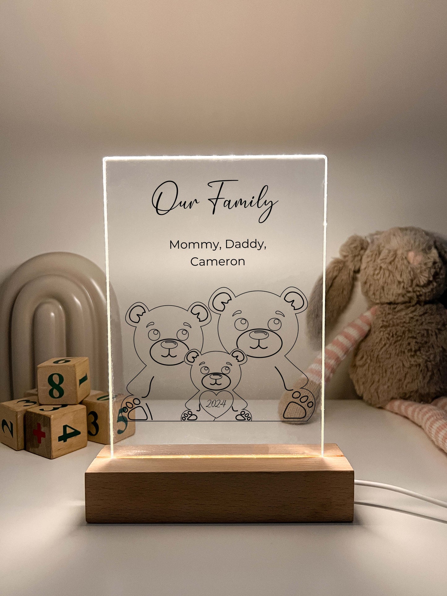 Family Bears LED Night Light Up Table Lamp, Wooden Base