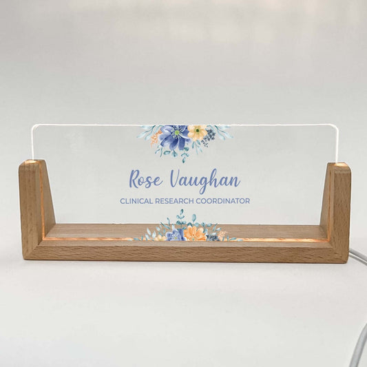 Personalized Desk Name Plate With Wooden Base and blue flowers, Lighted LED Light Nameplate, Desk Accessories, Office Gifts for Boss Coworkers, New Job Gifts