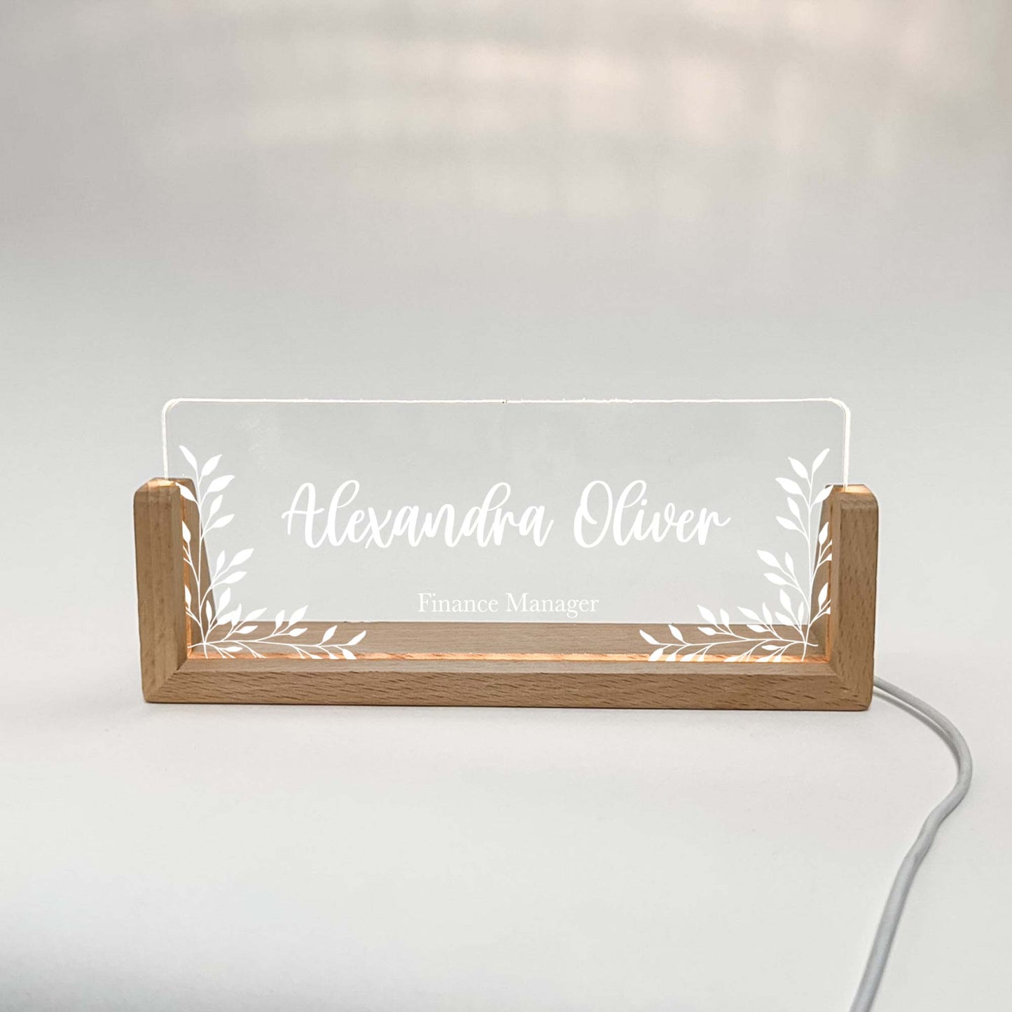 Personalized Desk Name Plate With Wooden Base, Black or white flower, Lighted LED Light Nameplate, Desk Accessories, Office Gifts for Boss Coworkers, New Job Gifts