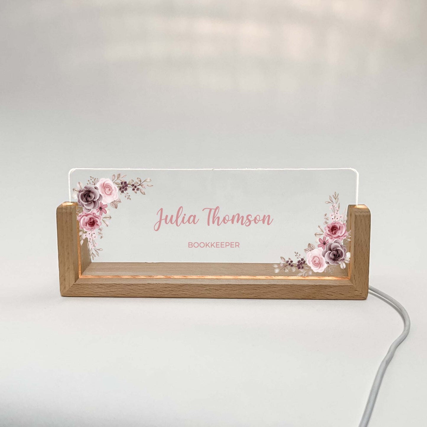 Personalized Desk Name Plate With Wooden Base, Baby pink flowers/roses , Lighted LED Light Nameplate, Desk Accessories, Office Gifts for Boss Coworkers, New Job Gifts