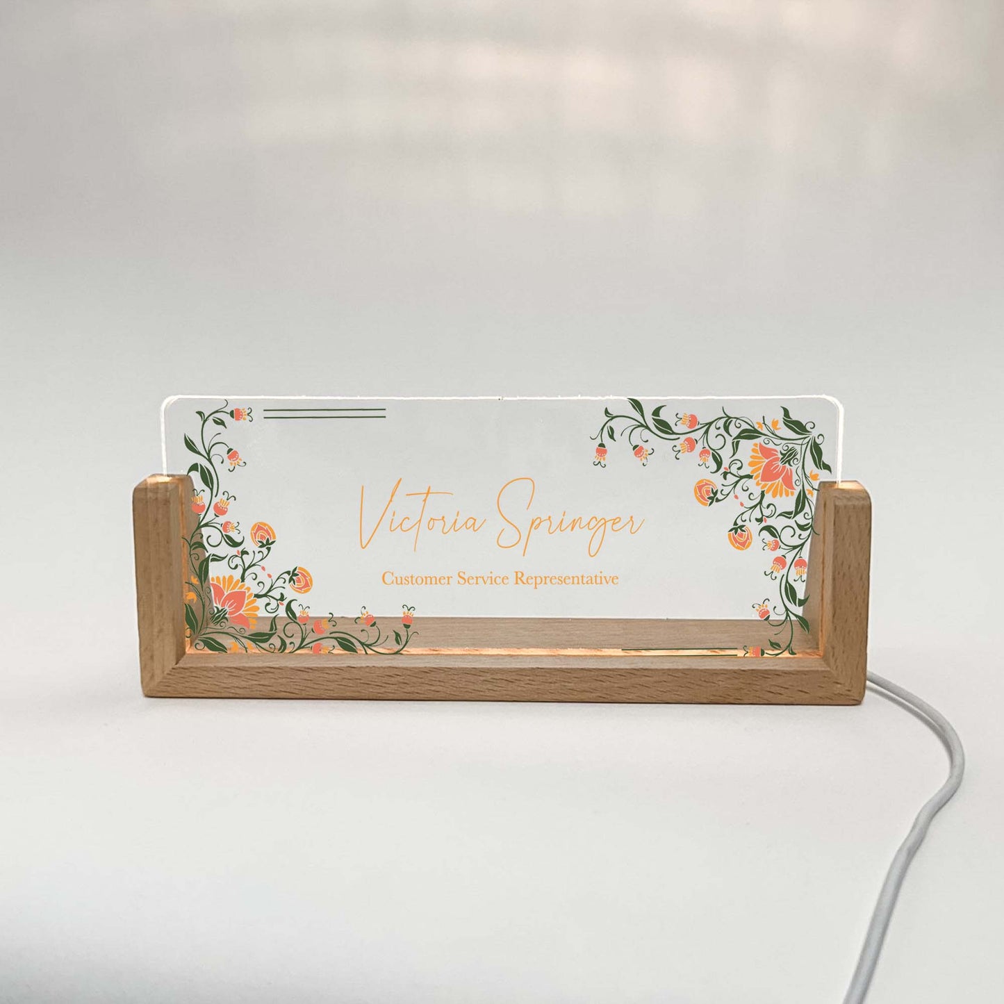 Personalized Desk Name Plate With Wooden Base, orange and yellow , Lighted LED Light Nameplate, Desk Accessories, Office Gifts for Boss Coworkers, New Job Gifts