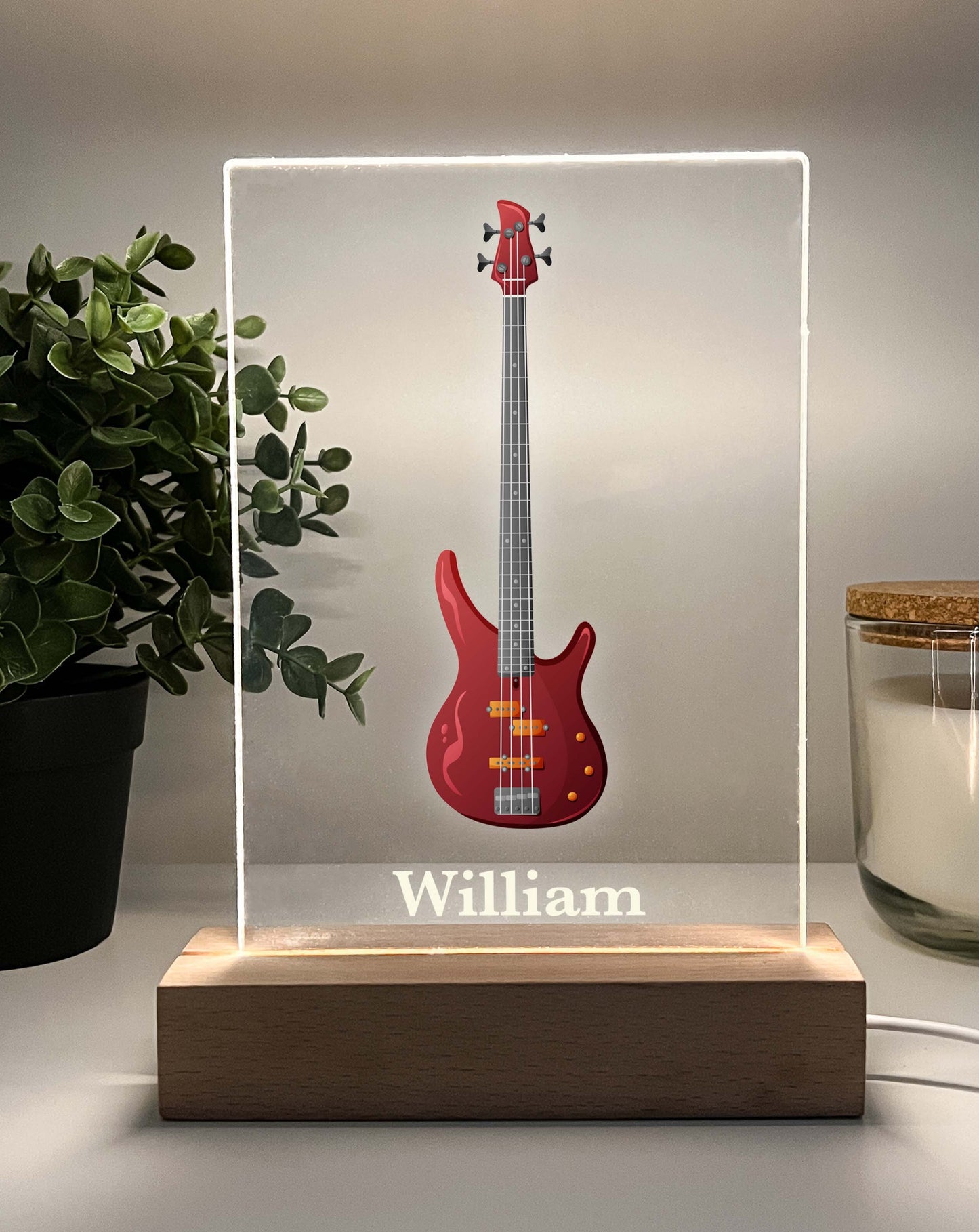 Custom Base Guitar LED Night Light Desk Table Lamp with Wooden Stand Gift for Musicians, Personalized Base Guitar Lamp, Gift for Guitarist, Personalized Free