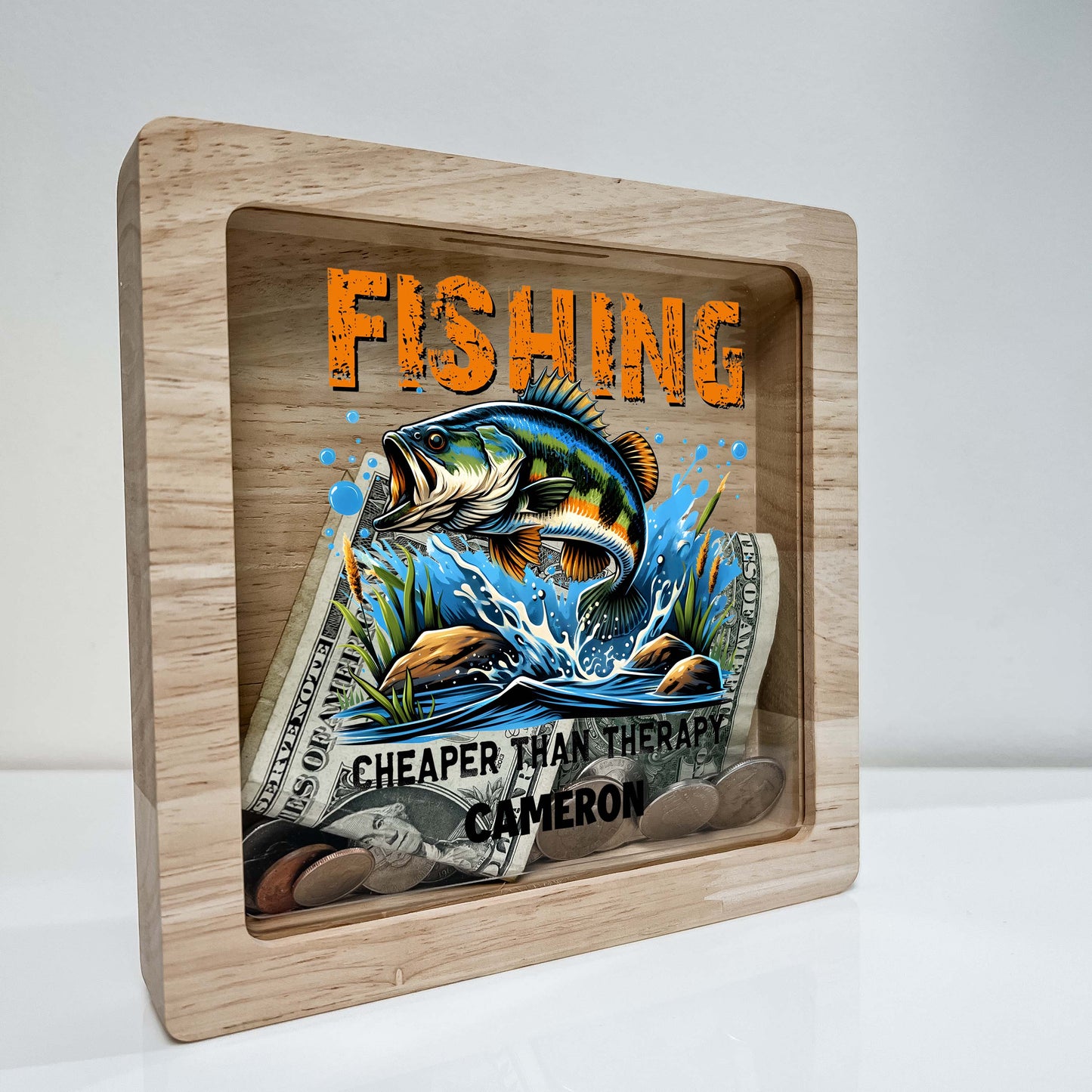 Personalized Savings Piggy Bank for Boys Custom Name Money Box Catching Fish Gone Fishing Cute Fishing Themed Nursery Toddler Boys Room Gift