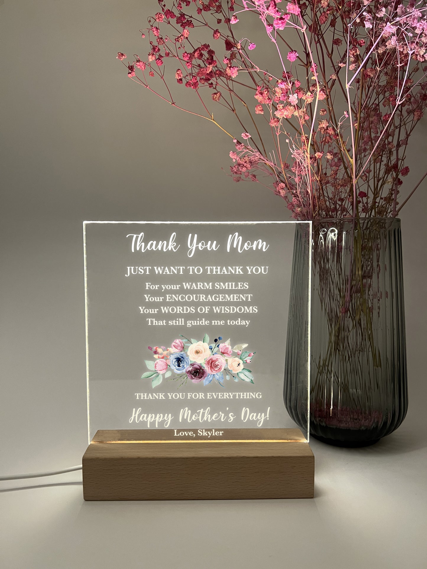 Personalized Custom LED Wood Stand Frame Night Light Up Lamp, Gift For Mom, Words With Love Thank You Mom For Everything, Happy Mother's Day