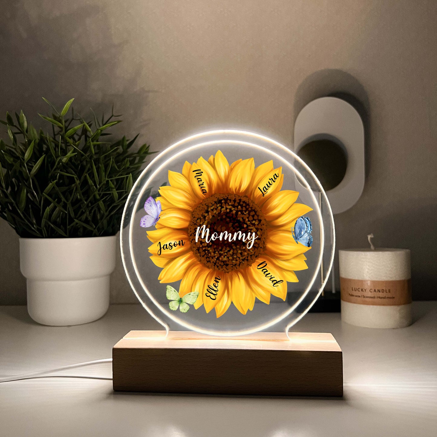 LED lamp with Wooden Stand Personalized Sunflower Blossom Night Light Up Lamp for Mom, Mommy Mama & Grandma Nana Mema - Children's Name on Pedals