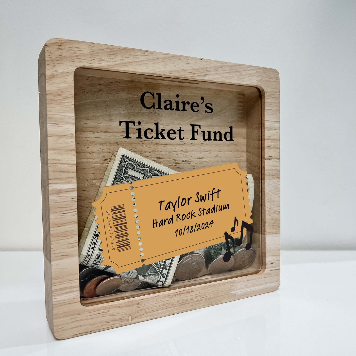 Concert Bank Shadow Box Personalized Adventure Ticket Fund Concert Memory Keepsake Bank Custom Musical Entertainment Frame Collection Gift