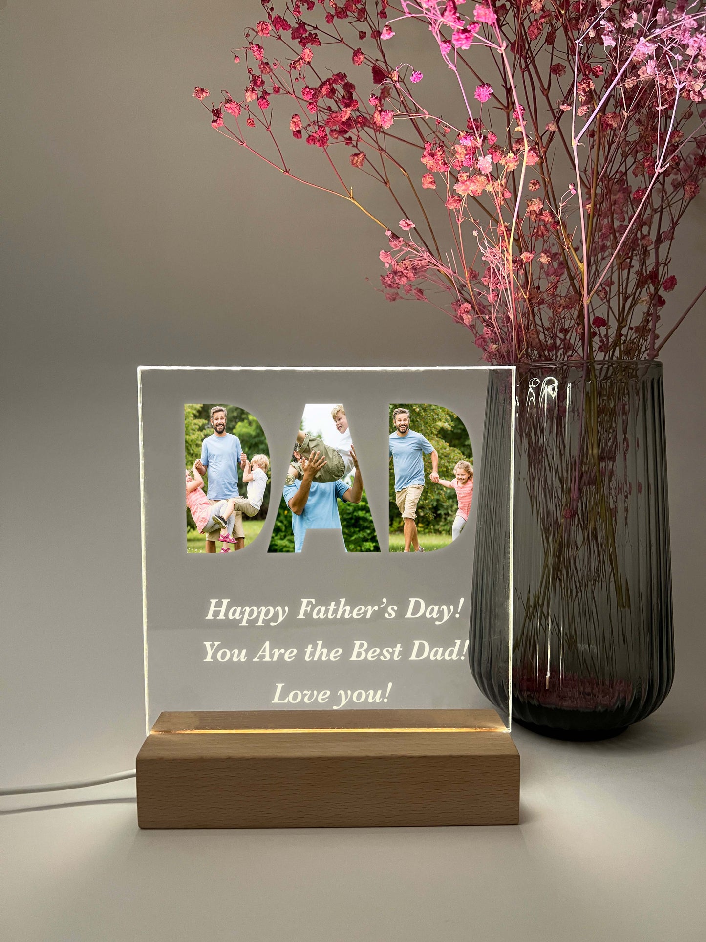 Personalized Happy Father's Day Gift, LED lamp with Wooden Stand, Custom Picture Frame, Father Daughter Photo Gift, Fathers Day Gift From Daughter, Gift For Dad, LED Light Up