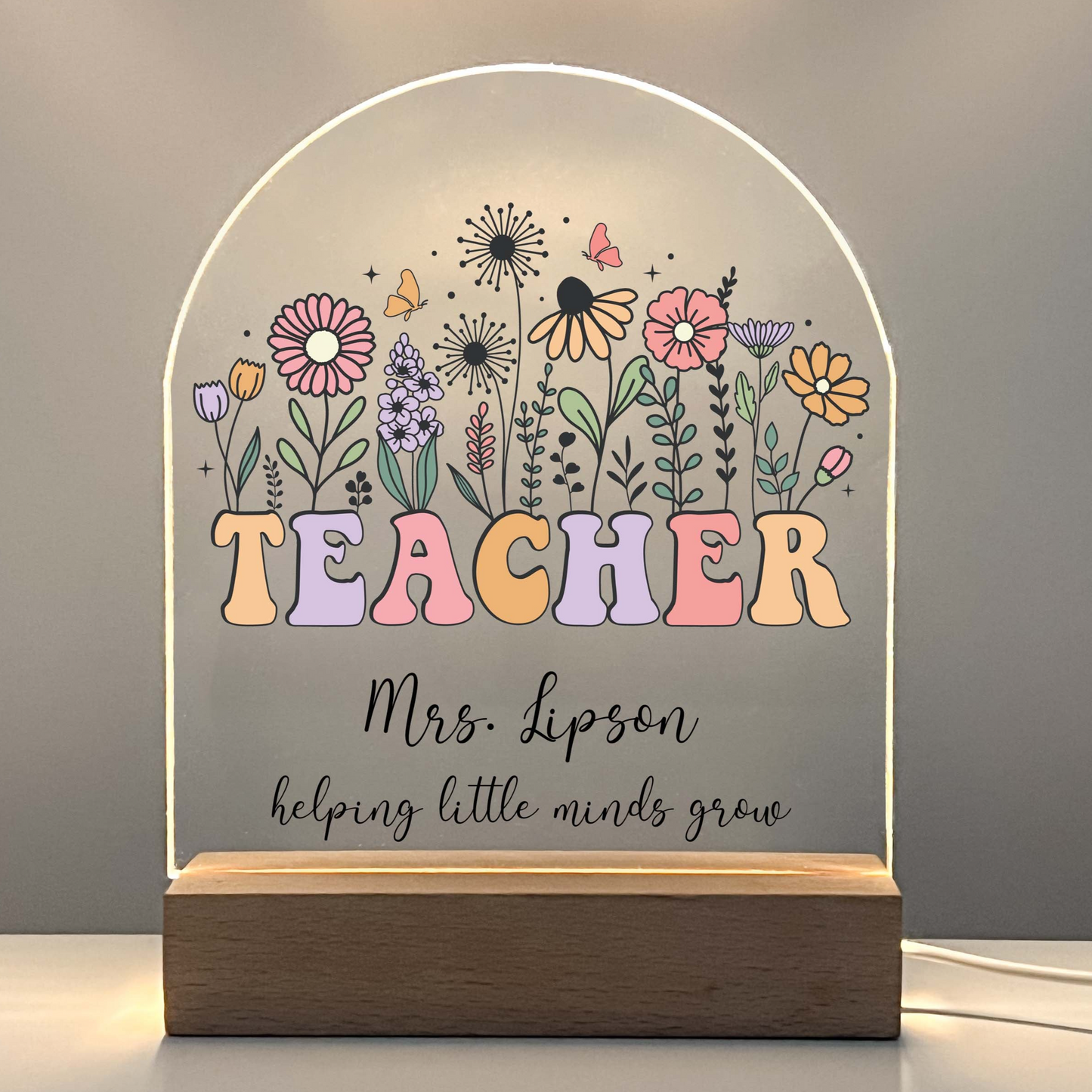 Perfect Teacher Appreciation Gift, Personalized Teacher Desk Name Plate, LED Light with Wooden Lamp, Gift for Teacher, End Of The Year Teacher Thank You Gift