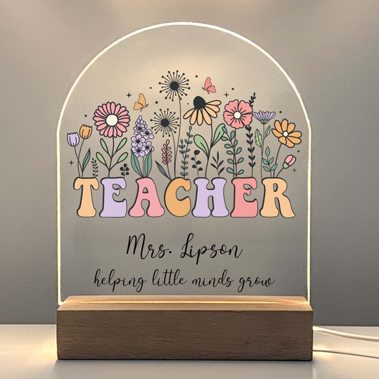 Perfect Teacher Appreciation Gift, Personalized Teacher Desk Name Plate, LED Light with Wooden Lamp, Gift for Teacher, End Of The Year Teacher Thank You Gift