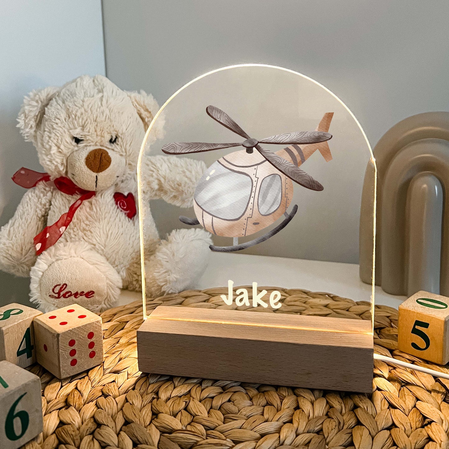 Helicopter LED Lamp with Wooden Base, Friends Night LED Lamp For Kids Room, Baby Gift, Girls Boys Night Light, Bedroom Decor, Night Light Gift