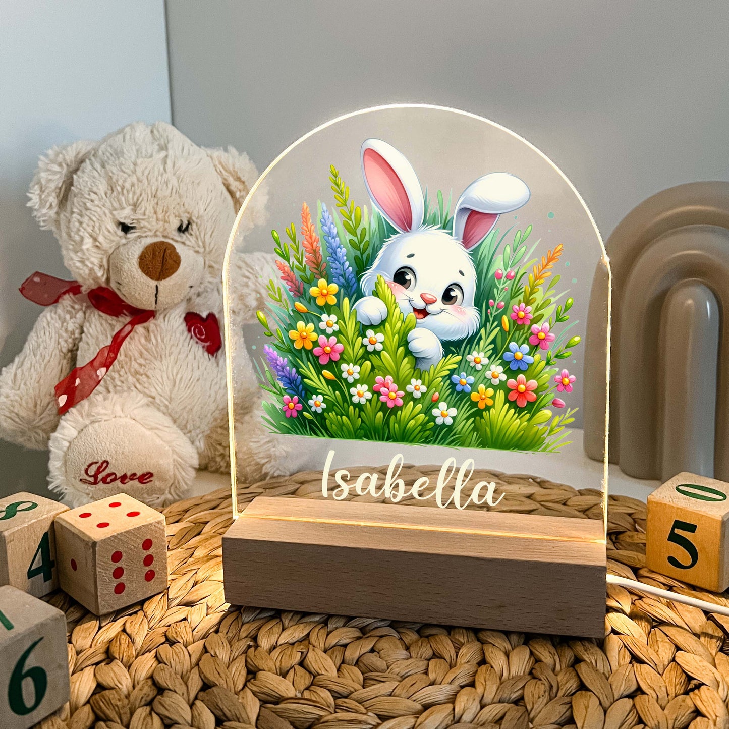 Too Cute To Resist Bunny Rabbit Night Light Up Table Lamp Wood Base LED Personalized Kids Childs Room Gift, Bedroom Decor, Boys Night Light