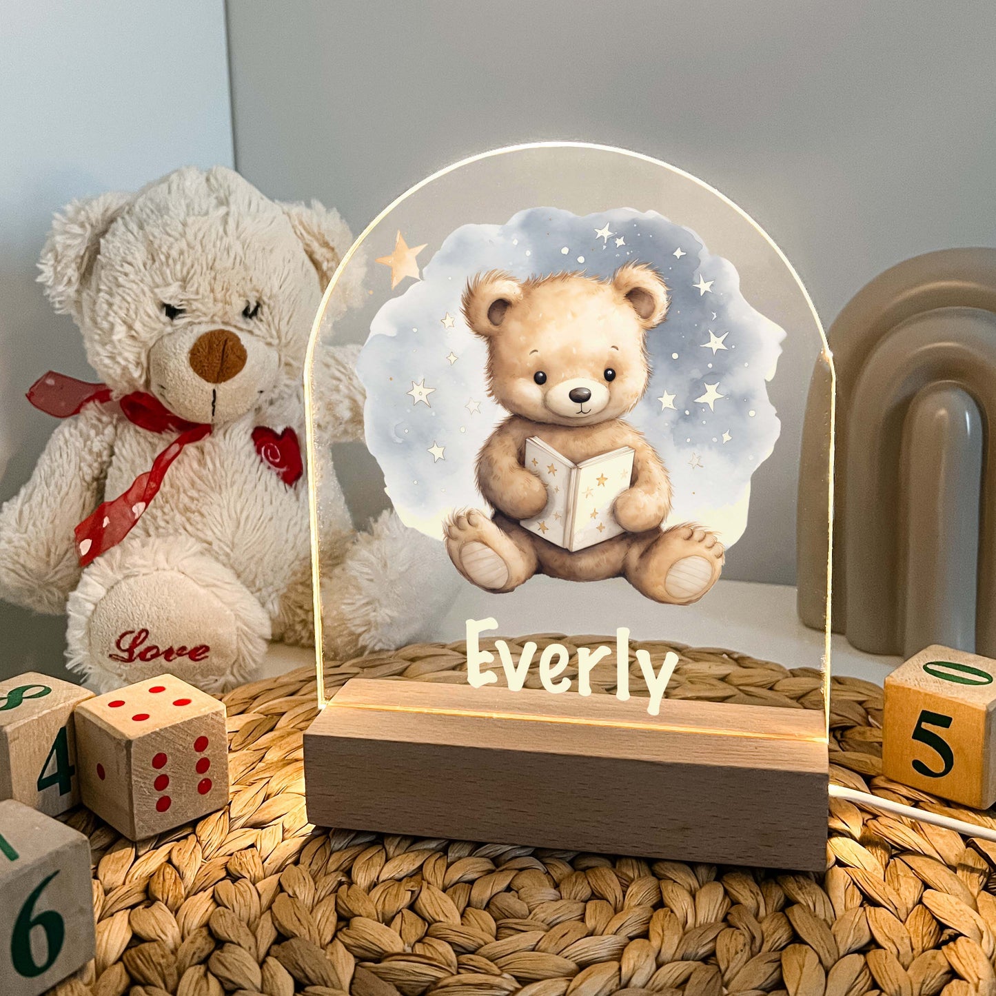 Personalized Teddy Bear Bedtime Book Story Night LED Lamp For Kids Room Baby Nursery Gift, Girls Boys Night Light, Bedroom Decor