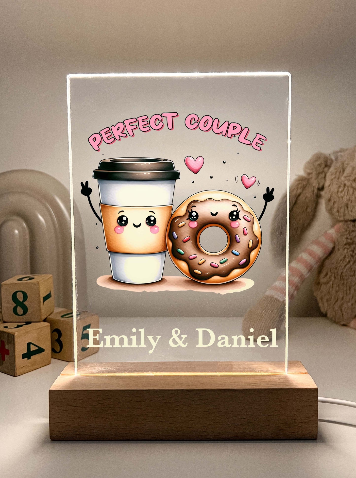 Personalized Coffee & Doughnut Perfect Match Desk Stand Light Up LED Lamp with Wooden Stand, Valentines Gift, Couples gift, Gift for her, Anniversary Gift