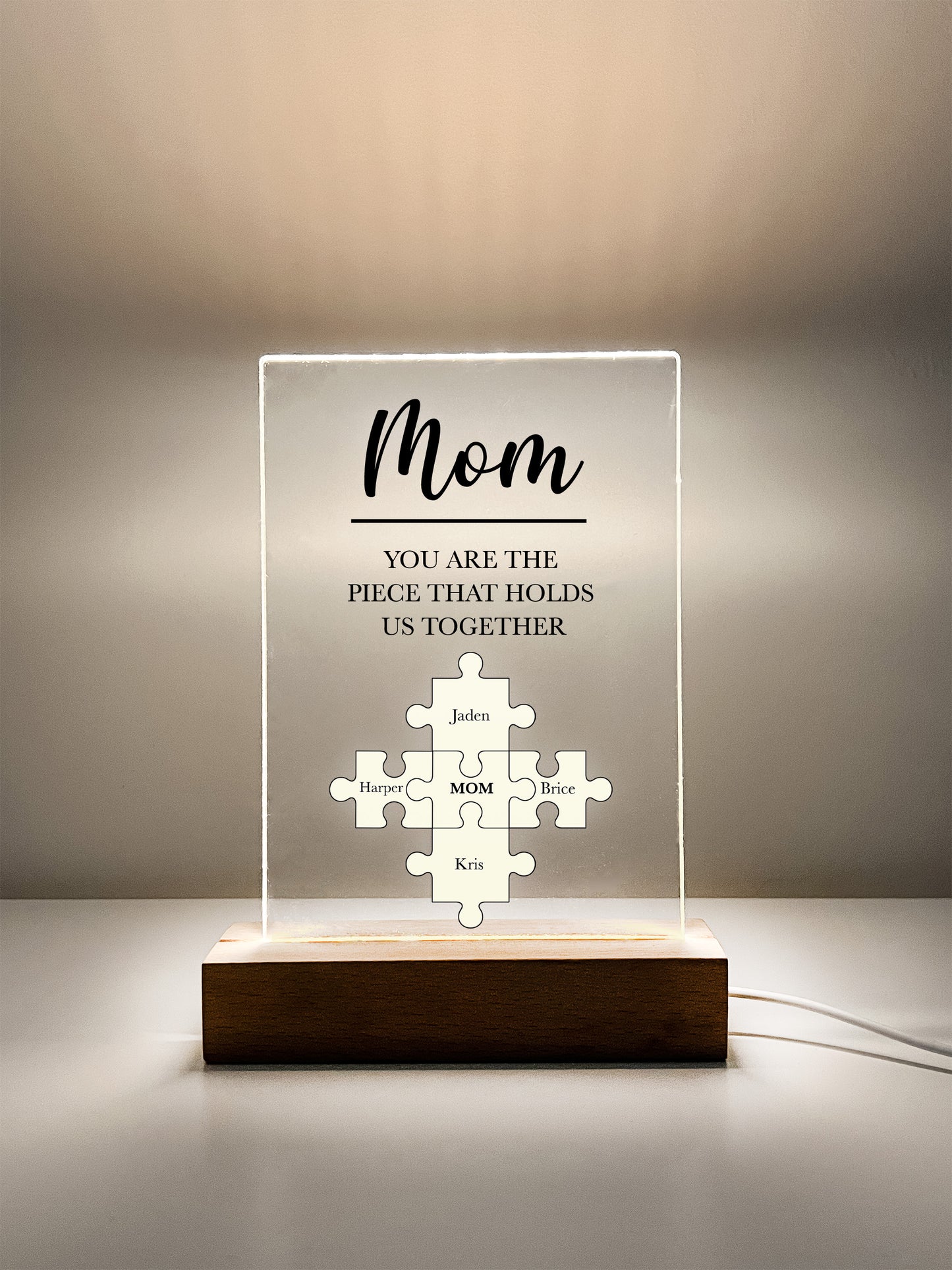 Personalized Custom LED Wood Stand Night Light Up Lamp Gifts For Mom Puzzle Piece You are the piece that holds us together & Children's Name