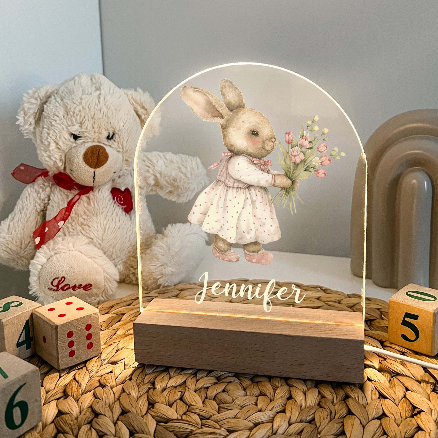 Too Cute To Resist Bunny Rabbit Night Light Up Table Lamp Wood Base LED Personalized Kids Childs Room Gift, Bedroom Decor, Girls Night Light