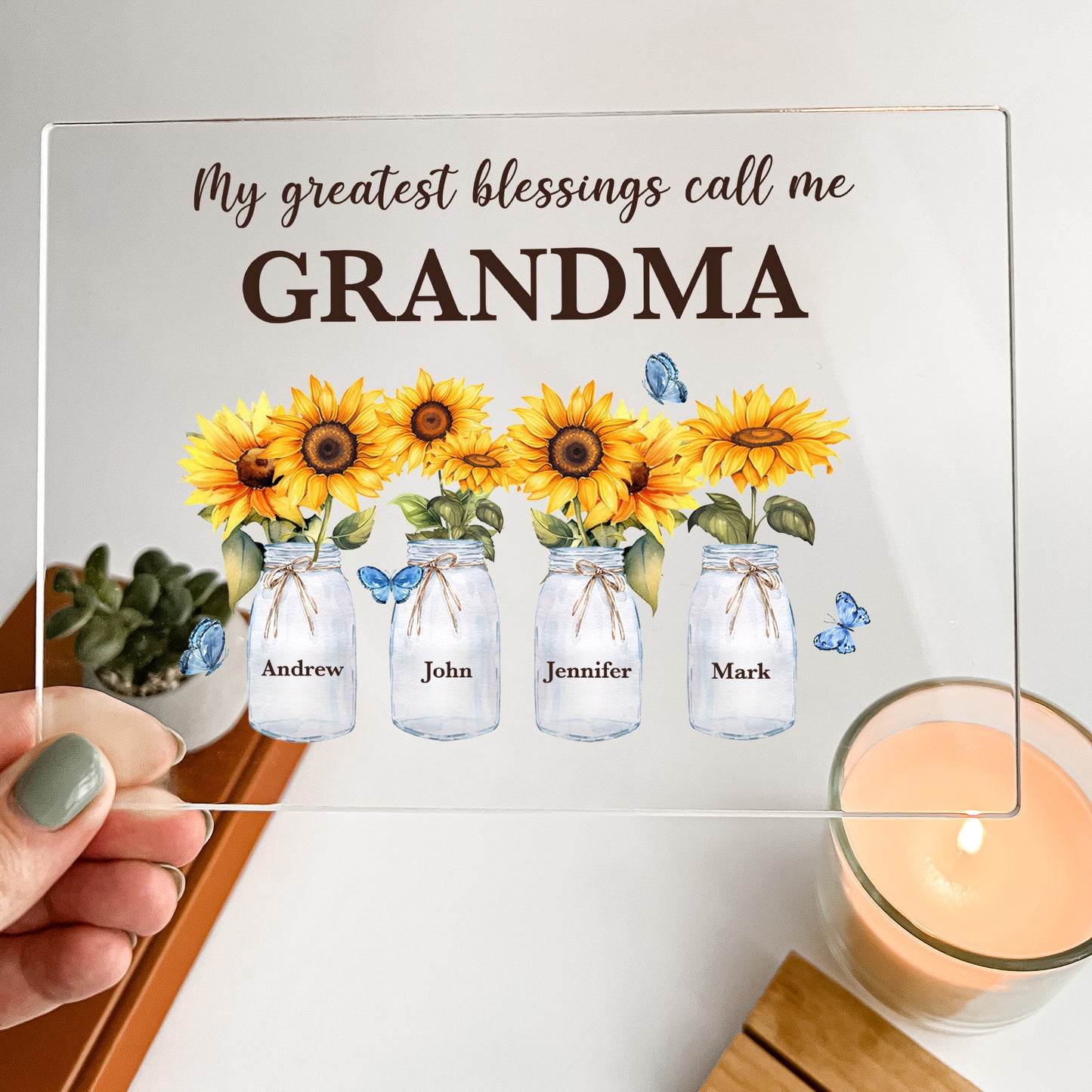 Custom Wood Stand Sunflower Personalized Gift, My Greatest Blessings Call Me Grandma, Nana Mema Children's Name & DOB