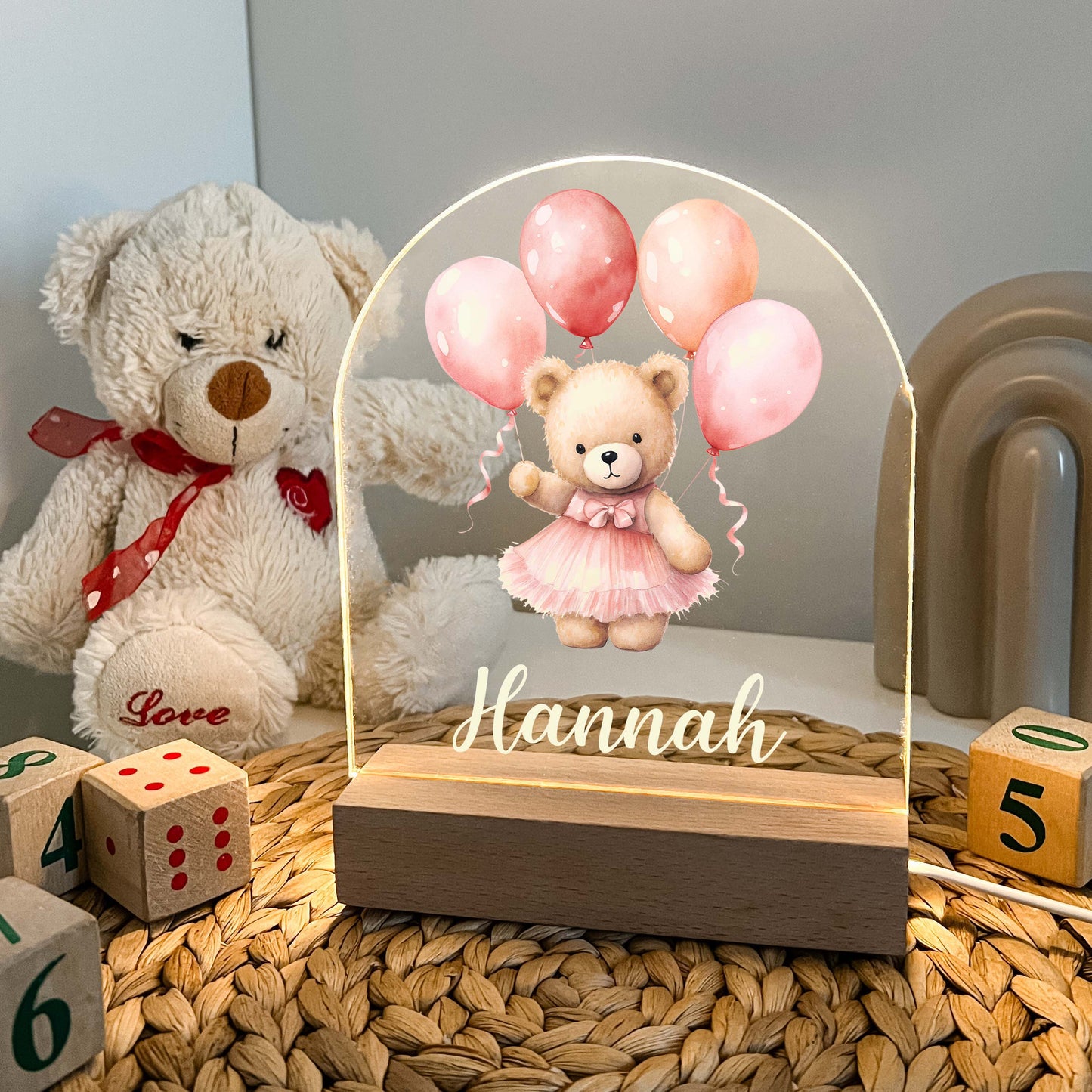 Personalized Cute Baby Pink Bear with Balloons Night LED Lamp For Kids Room, Cute Baby Gift, Custom Girls Boys Night Light, Nursery Decor, Night Light Gift