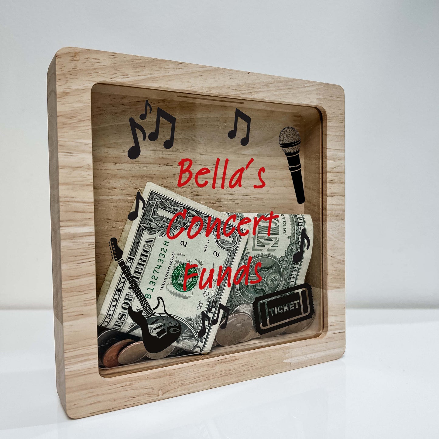 Concert Bank Shadow Box Personalized Adventure Memory Wooden Keepsake Bank Custom Musical Entertainment Fund Ticket Frame Collection Gift