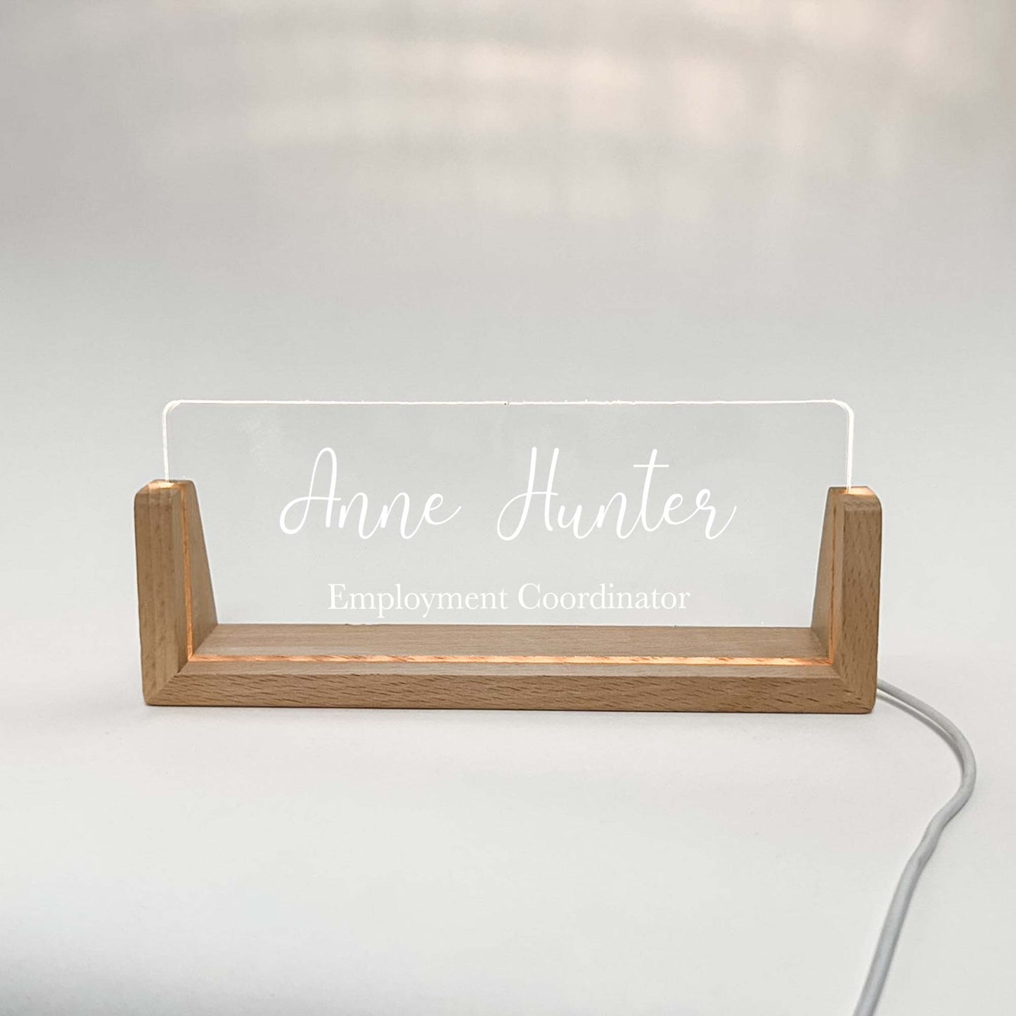 Personalized Desk Name Plate With Wooden Base, script, Lighted LED Light Nameplate, Desk Accessories, Office Gifts for Boss Coworkers, New Job Gifts