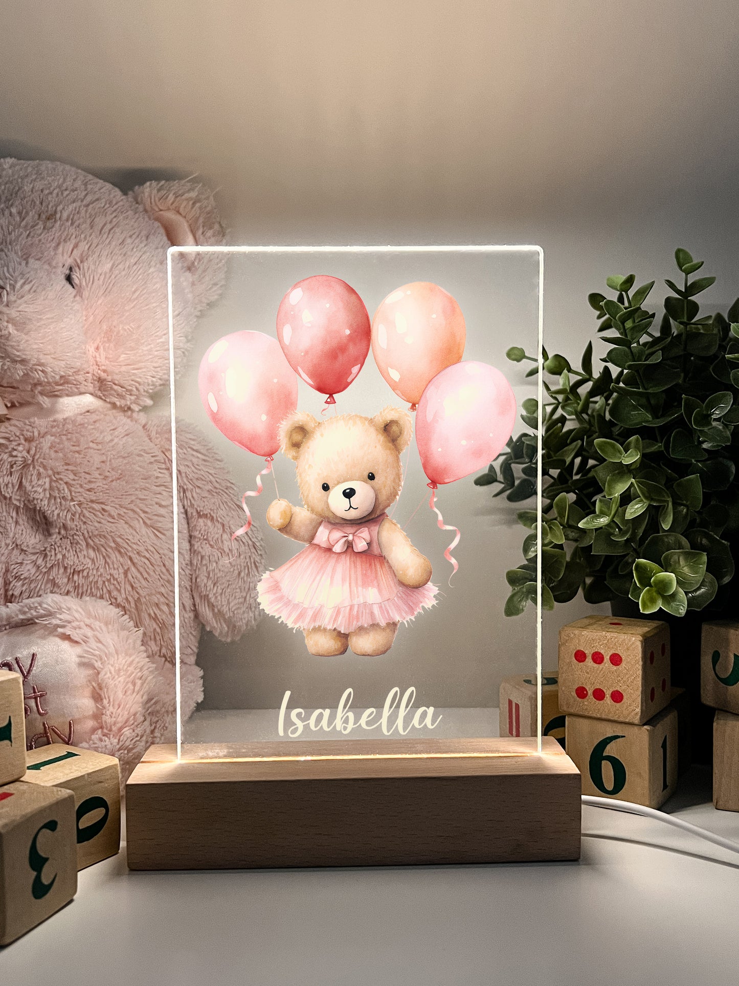 Personalized Cute Baby Pink Bear with Balloons Night LED Lamp For Kids Room, Cute Baby Gift, Custom Girls Boys Night Light, Nursery Decor, Night Light Gift, not arched