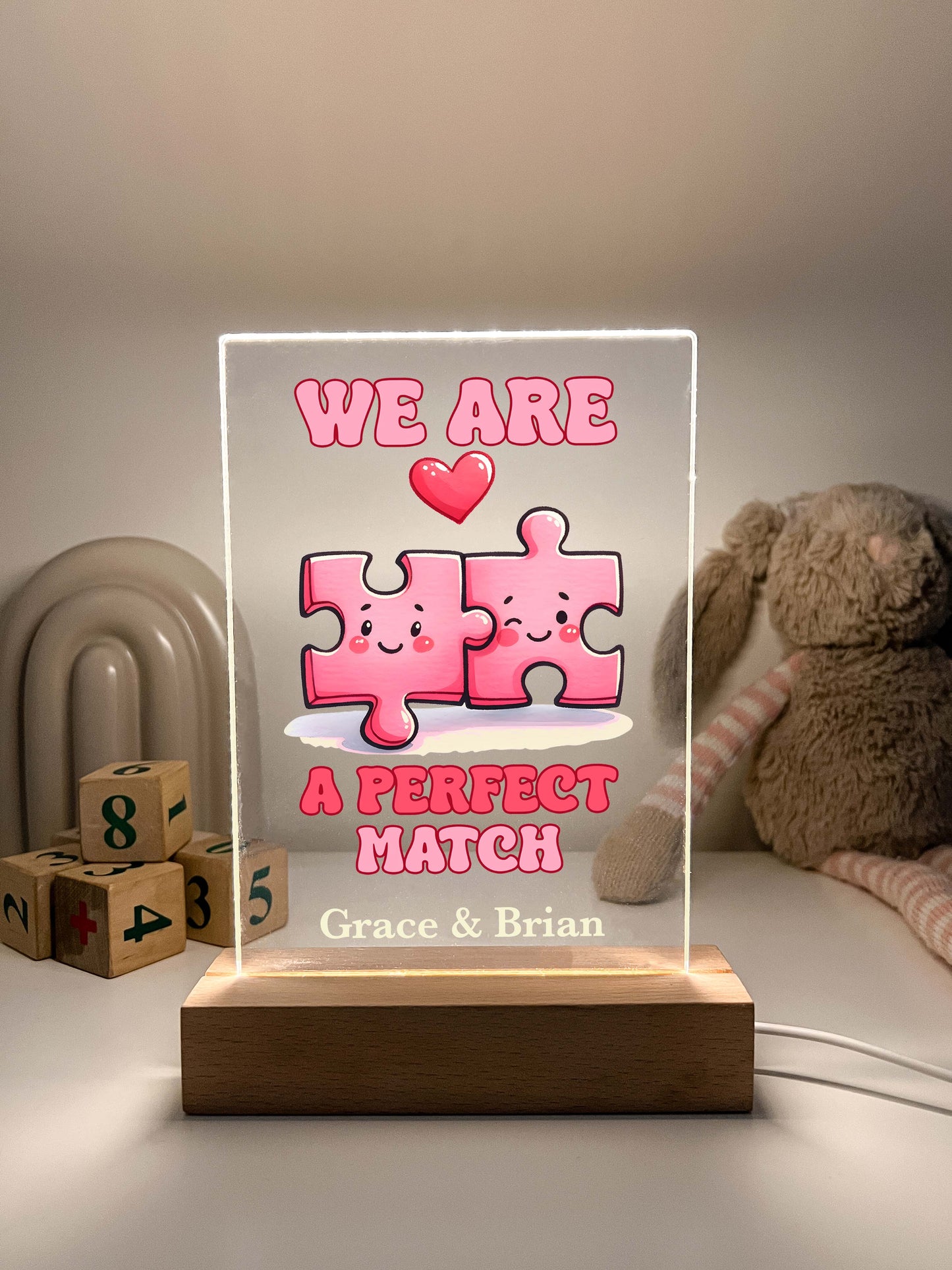 Personalized Love Puzzle Piece Perfect Match Desk Stand Light Up LED Lamp with Wooden Base, Valentines Gift, Couples gift, Gift for her, Anniversary Gift